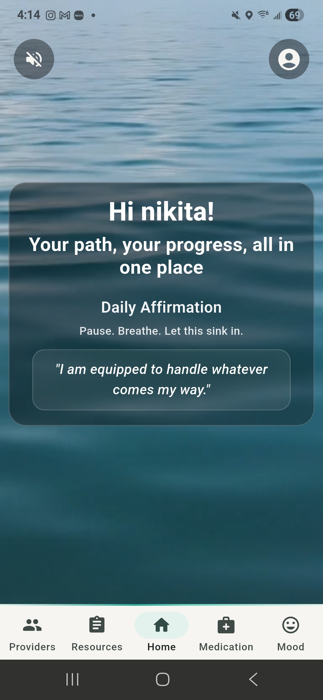 TherapyTrack home screen showing daily affirmation